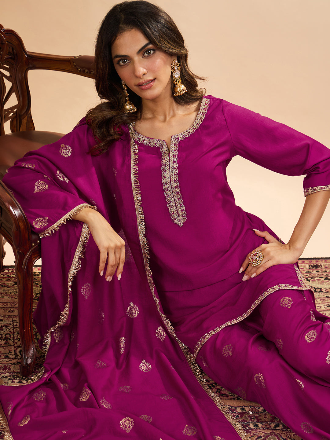 Janasya Women's Magenta Muslin Zari Embroidered Foil Printed Straight Kurta with Palazzo And Dupatta Set