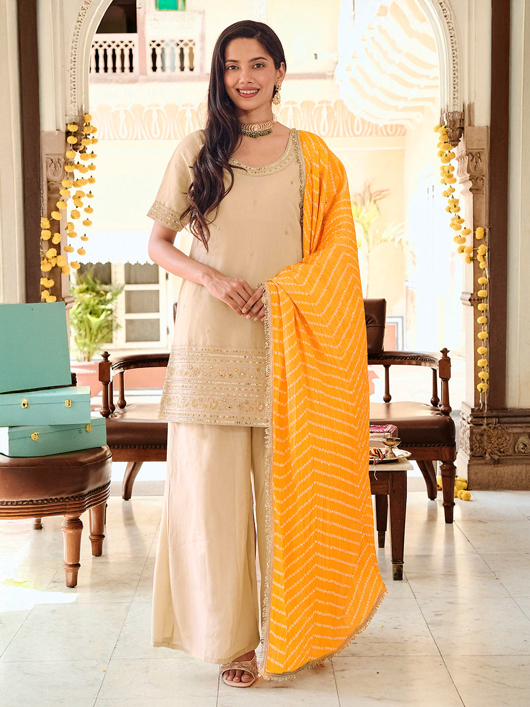 Janasya Women's Beige Silk Blend Embroidered Straight Kurta and Palazzo Set with Bandhani Printed Dupatta