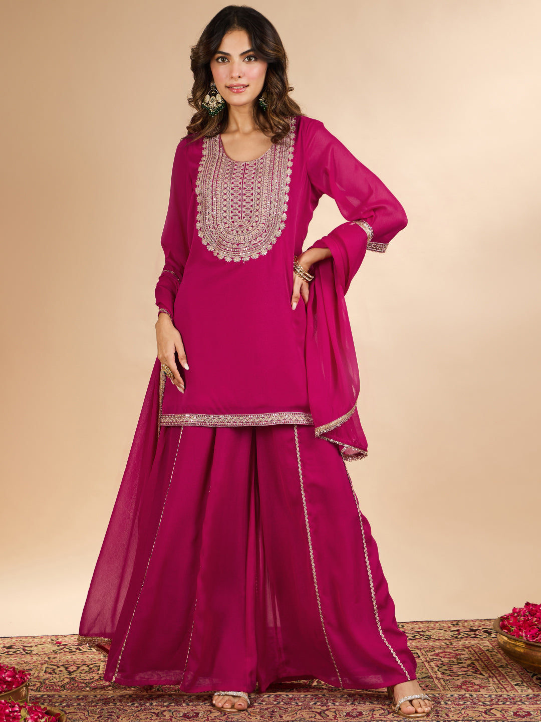 Janasya Women's Pink Georgette Sequins Zari Yoke Embroidered Straight Kurta with Sharara And Dupatta Set