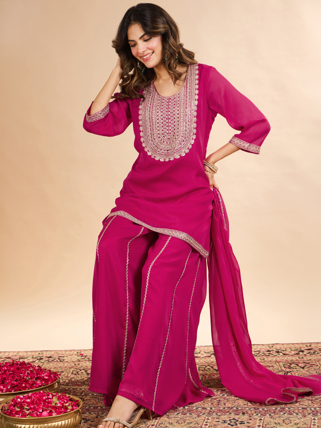 Janasya Women's Pink Georgette Sequins Zari Yoke Embroidered Straight Kurta with Sharara And Dupatta Set