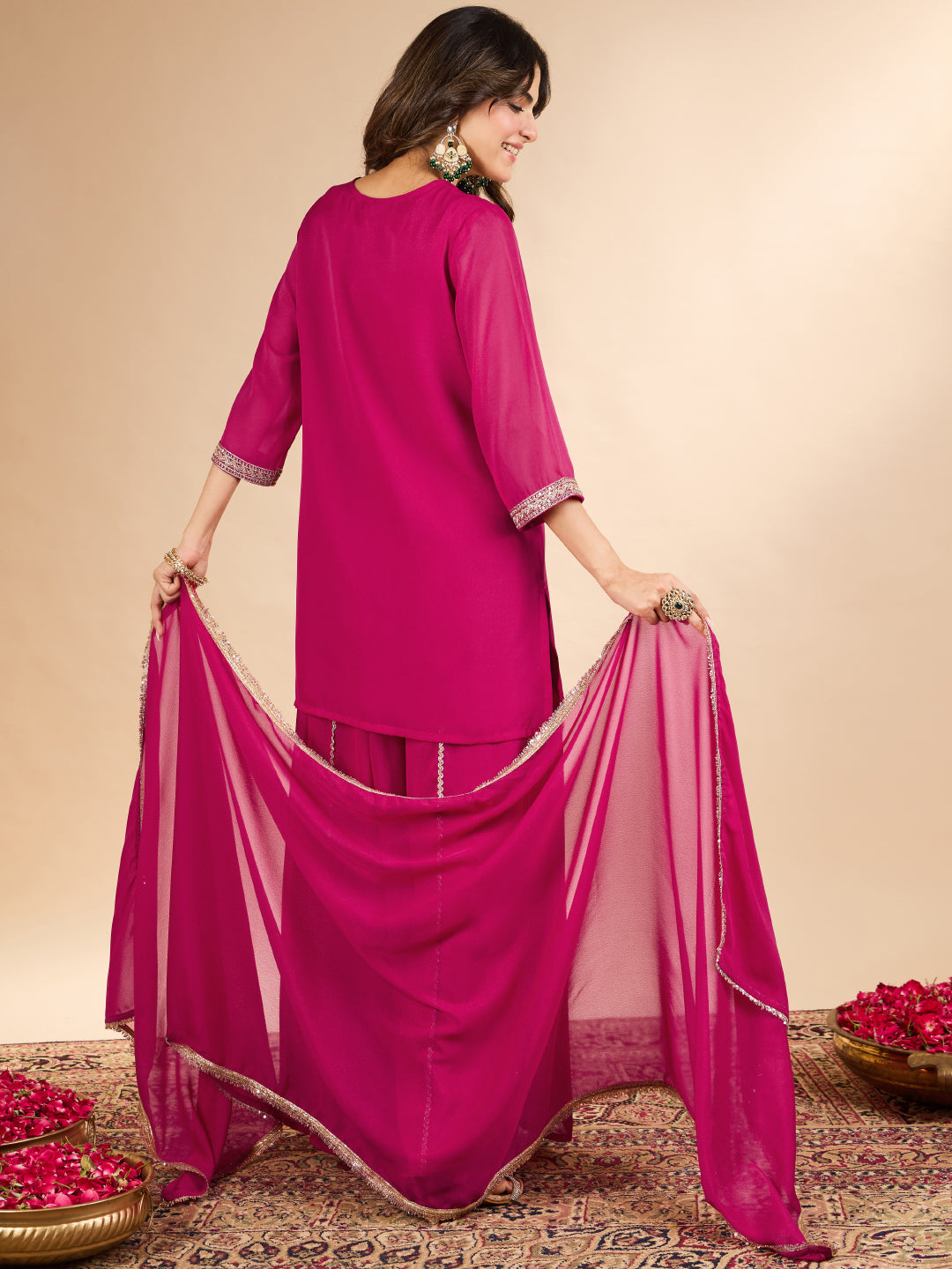 Janasya Women's Pink Georgette Sequins Zari Yoke Embroidered Straight Kurta with Sharara And Dupatta Set