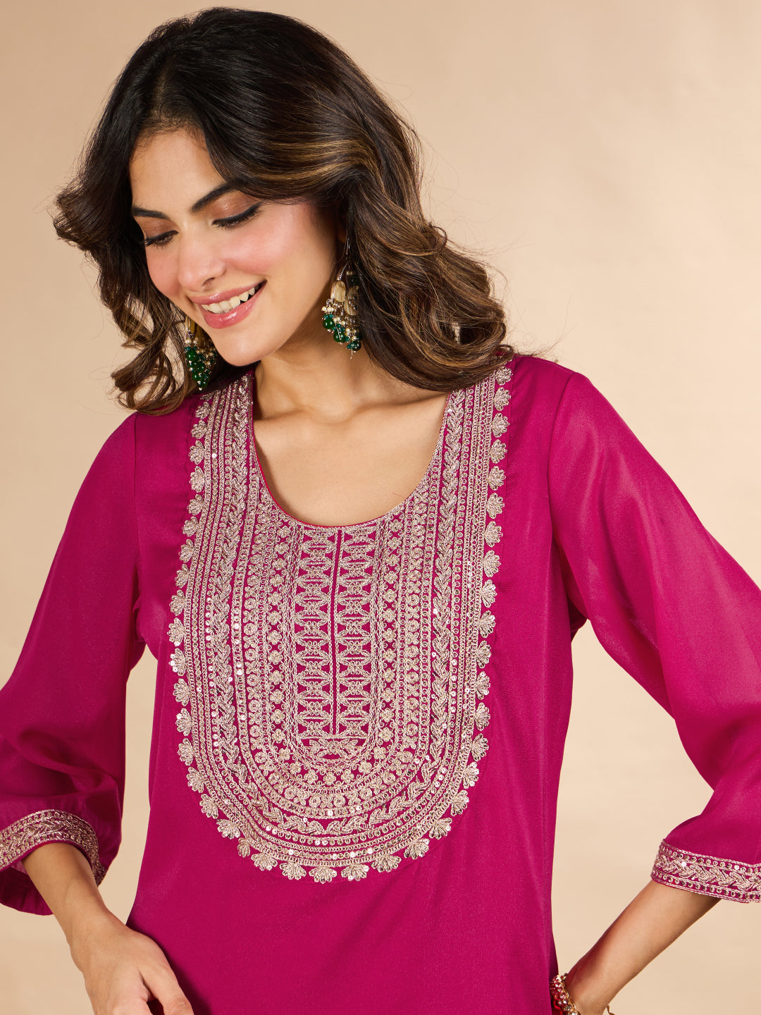Janasya Women's Pink Georgette Sequins Zari Yoke Embroidered Straight Kurta with Sharara And Dupatta Set