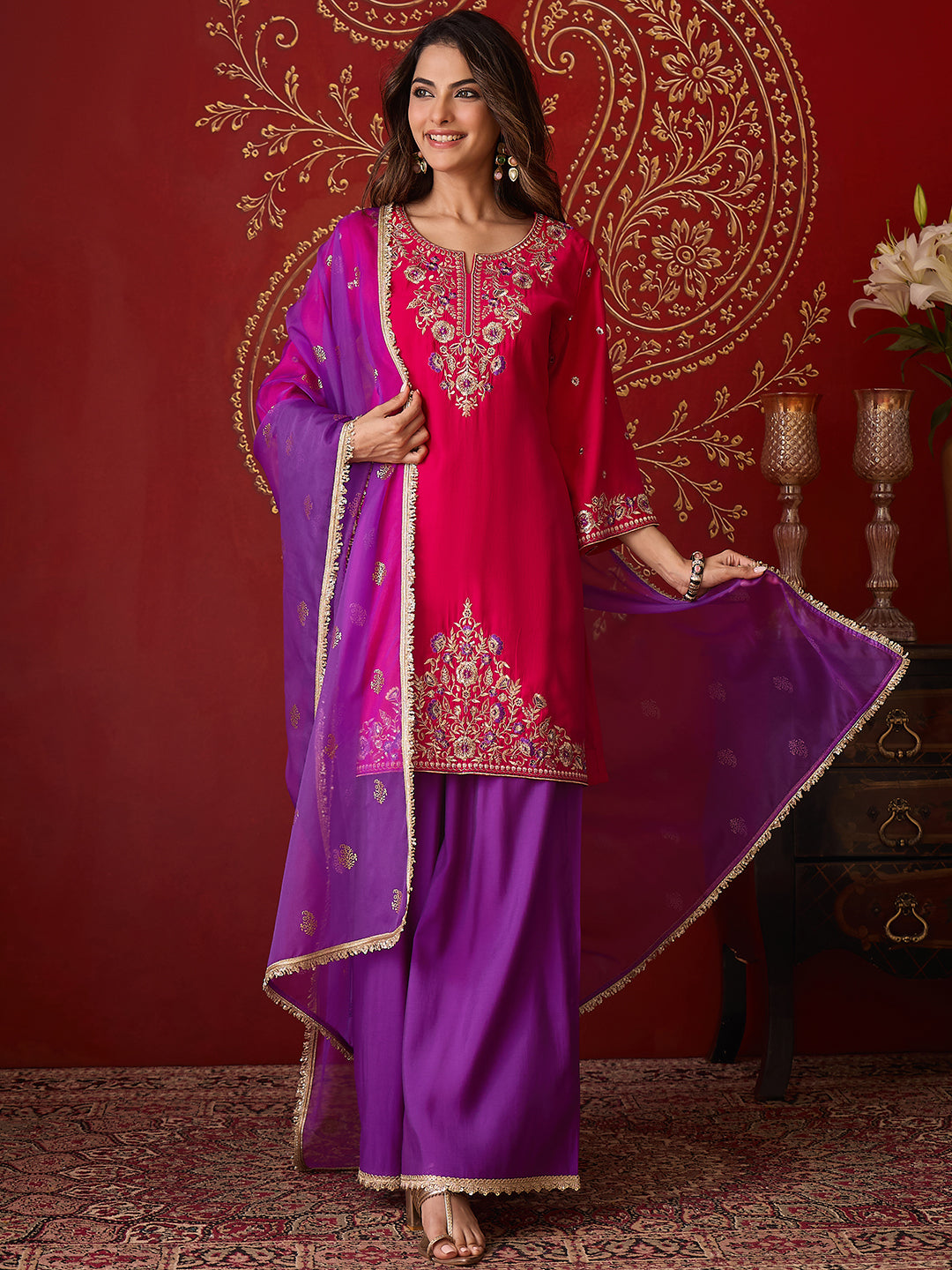 Janasya Women's Pink Chanderi Silk Floral Embroidered Straight Kurta with Sharara and Dupatta Set