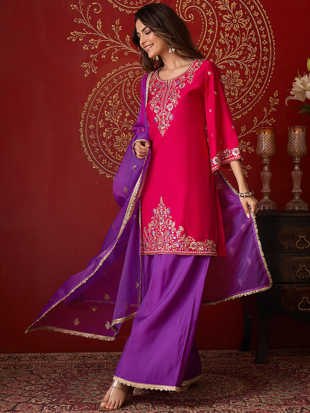 Janasya Women's Pink Chanderi Silk Floral Embroidered Straight Kurta with Sharara and Dupatta Set