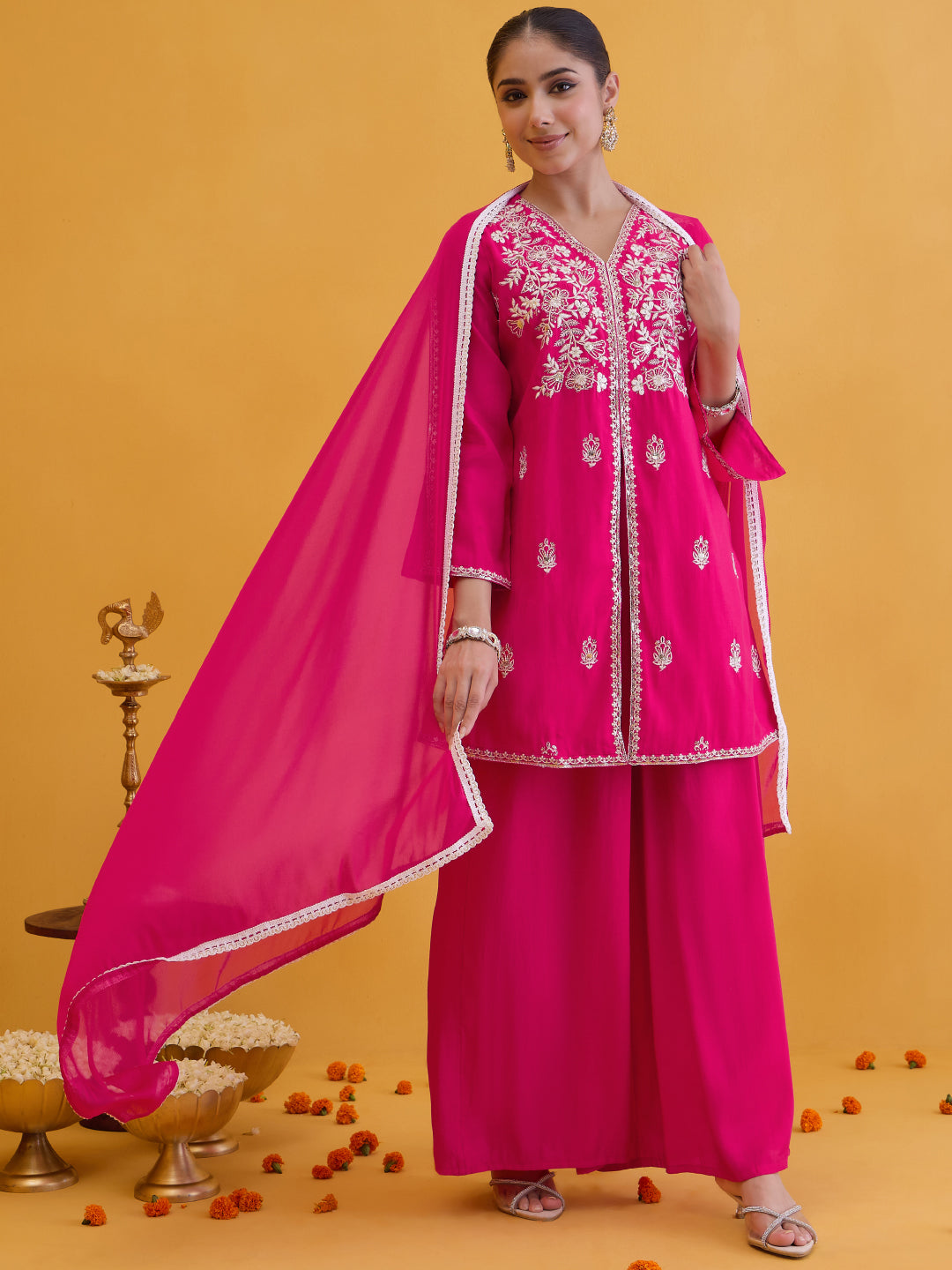 Janasya Women's Pink Chanderi Silk Floral Embroidered Straight Front Slit Kurta with Palazzo and Dupatta Set