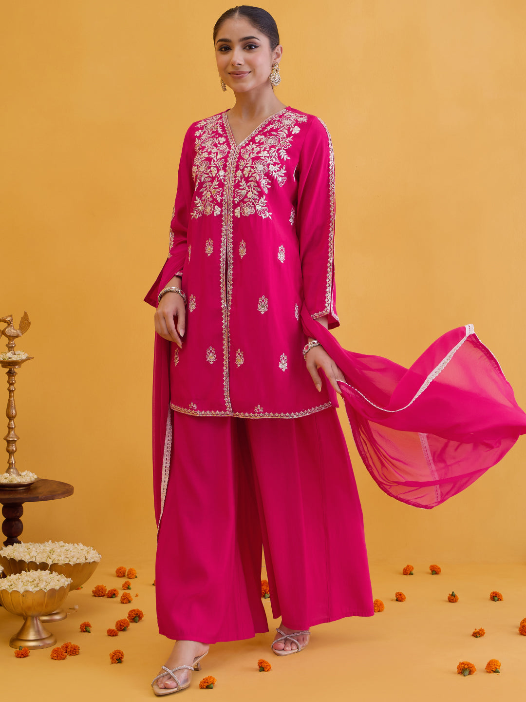 Janasya Women's Pink Chanderi Silk Floral Embroidered Straight Front Slit Kurta with Palazzo and Dupatta Set