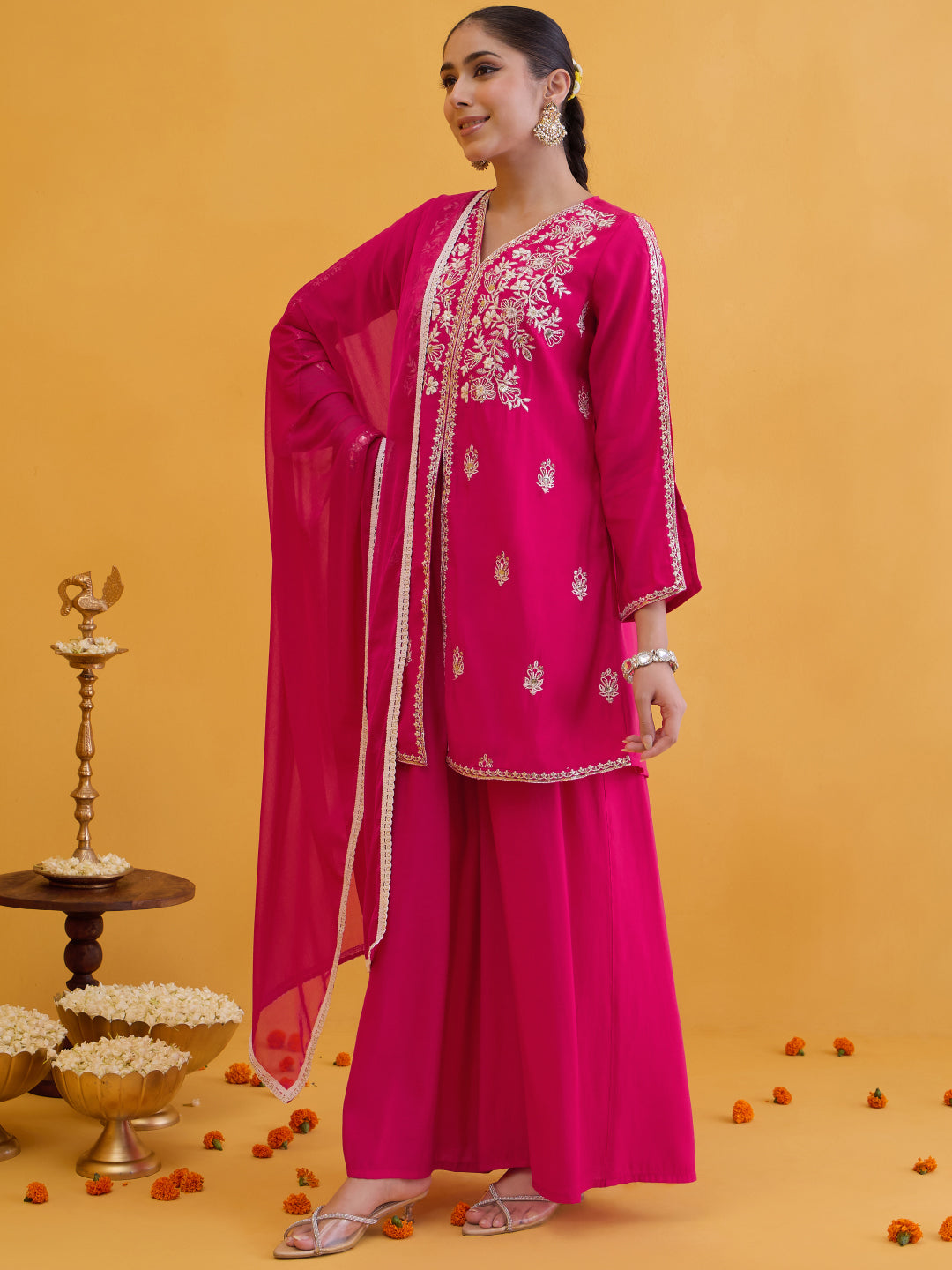 Janasya Women's Pink Chanderi Silk Floral Embroidered Straight Front Slit Kurta with Palazzo and Dupatta Set