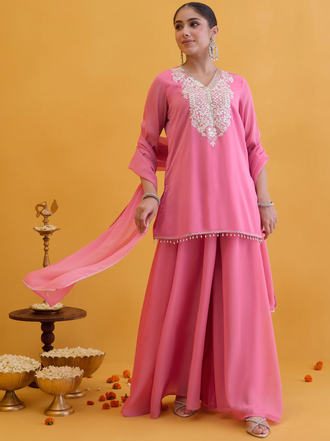 Janasya Women's Pink Georgette Floral Embroidered Straight Kurta with Sharara and Dupatta Set