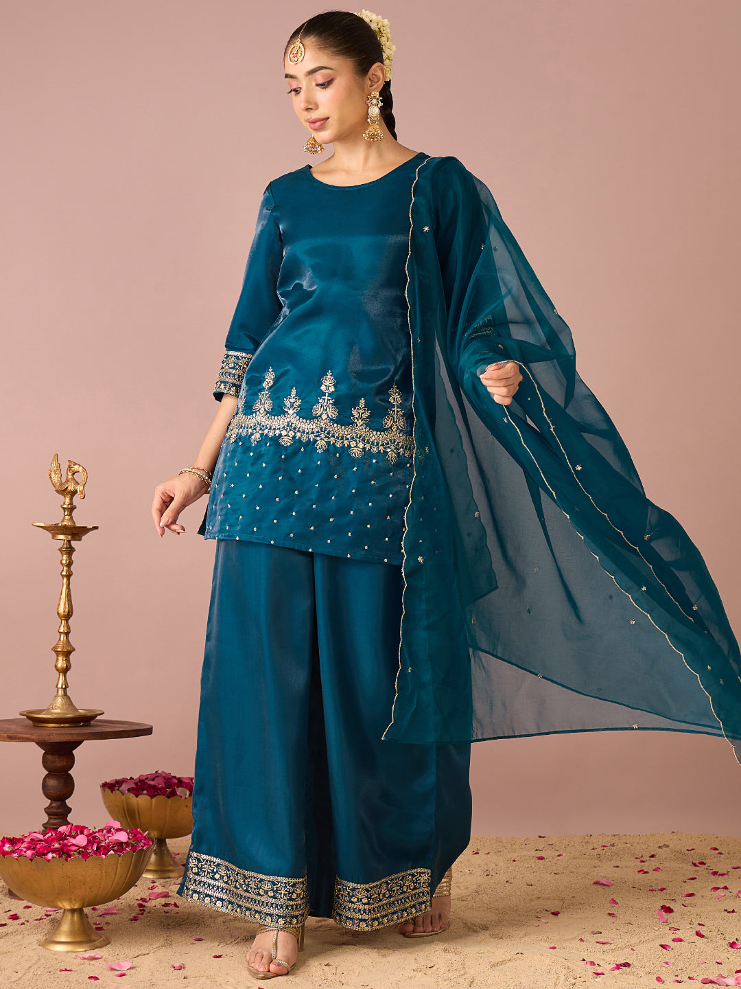 Janasya Women's Teal Blue Silk Blend Floral Sequins And Zari Embroidered Straight Kurta with Palazzo And Dupatta Set