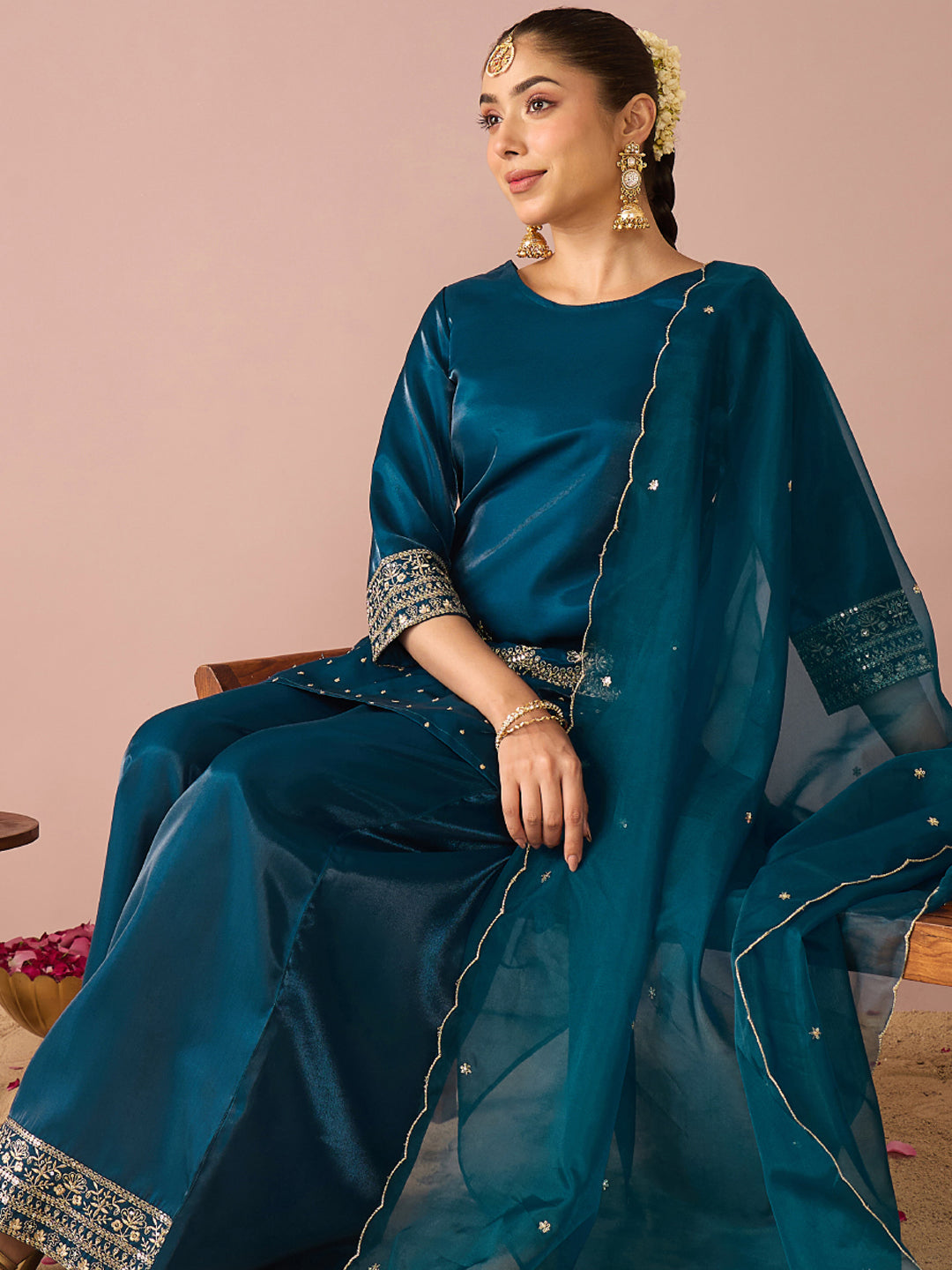Janasya Women's Teal Blue Silk Blend Floral Sequins And Zari Embroidered Straight Kurta with Palazzo And Dupatta Set