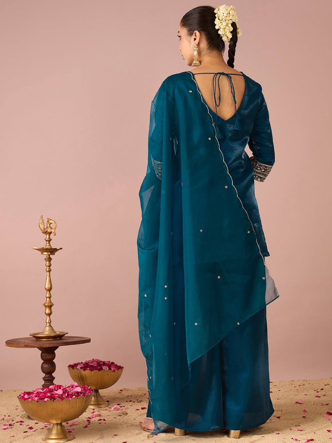 Janasya Women's Teal Blue Silk Blend Floral Sequins And Zari Embroidered Straight Kurta with Palazzo And Dupatta Set