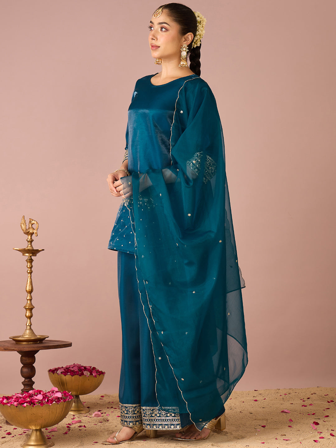 Janasya Women's Teal Blue Silk Blend Floral Sequins And Zari Embroidered Straight Kurta with Palazzo And Dupatta Set