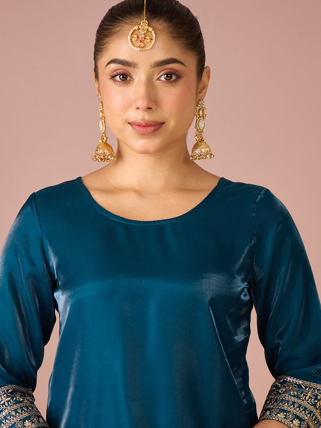 Janasya Women's Teal Blue Silk Blend Floral Sequins And Zari Embroidered Straight Kurta with Palazzo And Dupatta Set