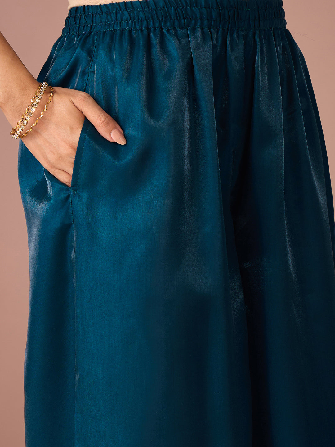 Janasya Women's Teal Blue Silk Blend Floral Sequins And Zari Embroidered Straight Kurta with Palazzo And Dupatta Set