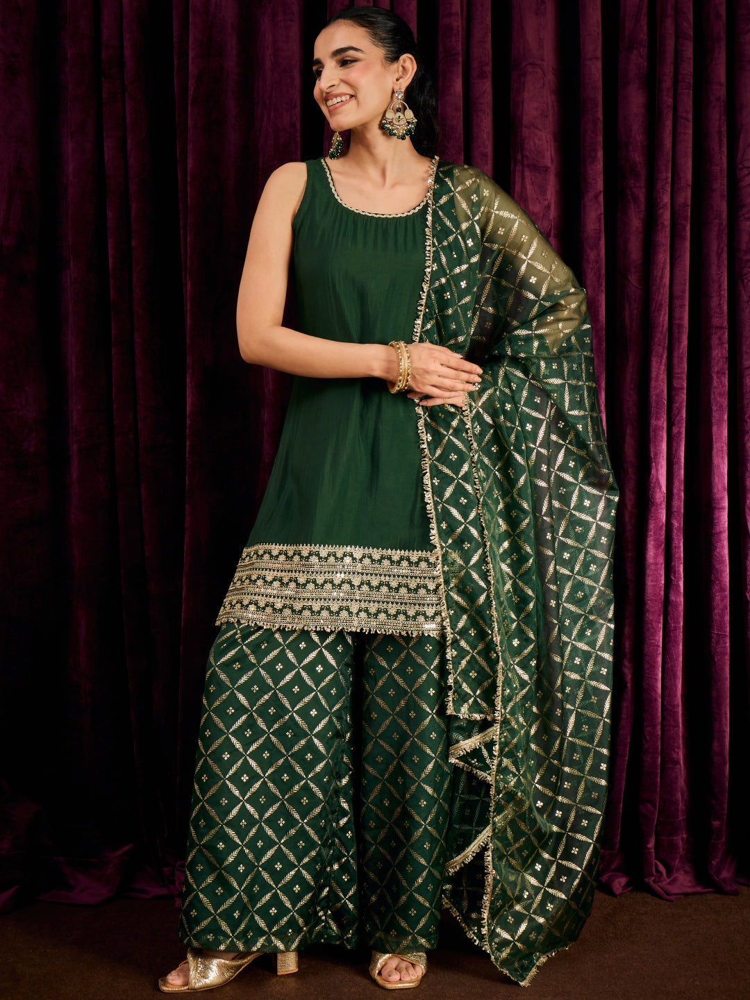 Janasya Women's Bottle Green Chanderi Silk Embroidered Straight Kurta with Palazzo and Dupatta Set