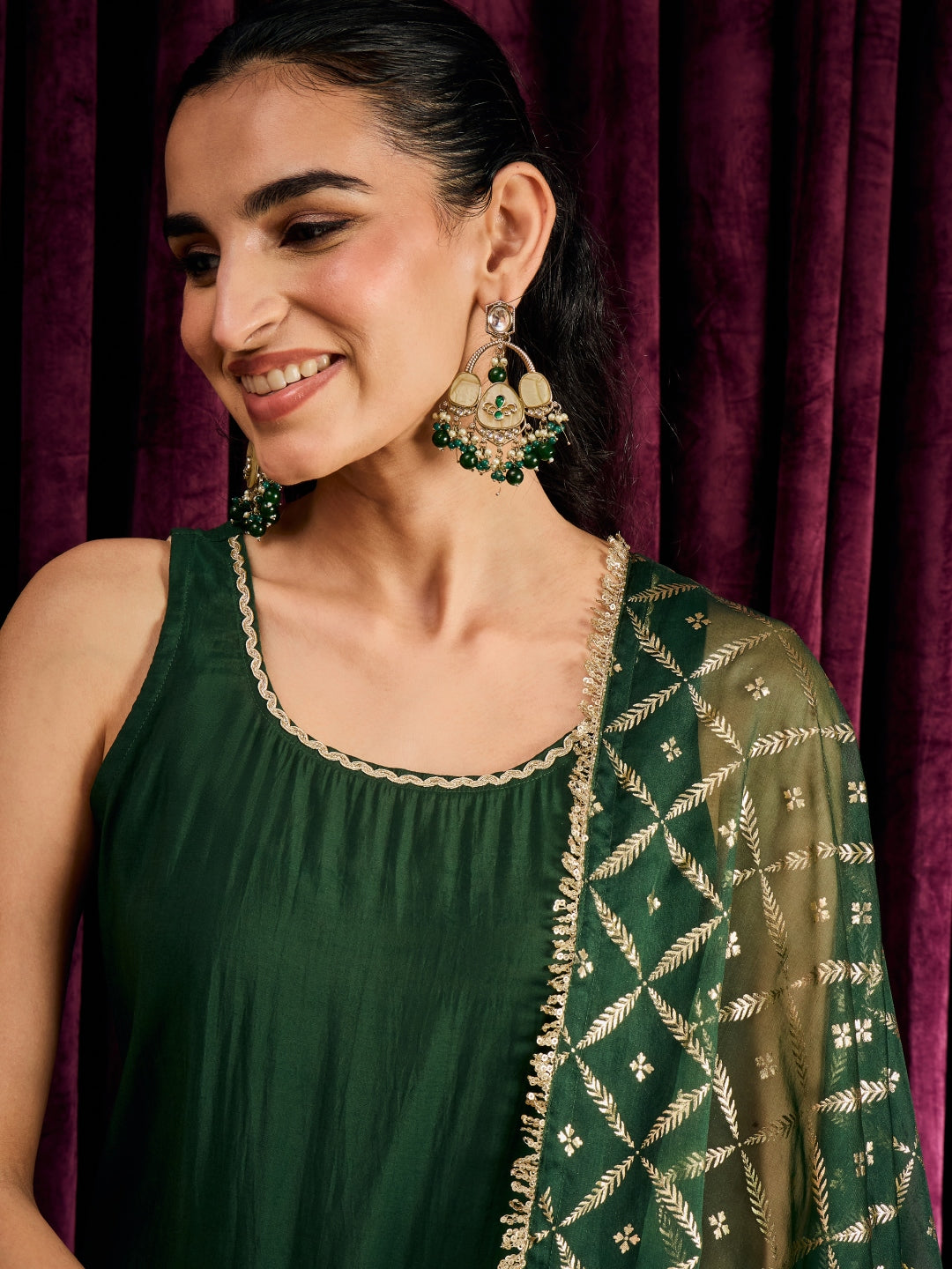 Janasya Women's Bottle Green Chanderi Silk Embroidered Straight Kurta with Palazzo and Dupatta Set