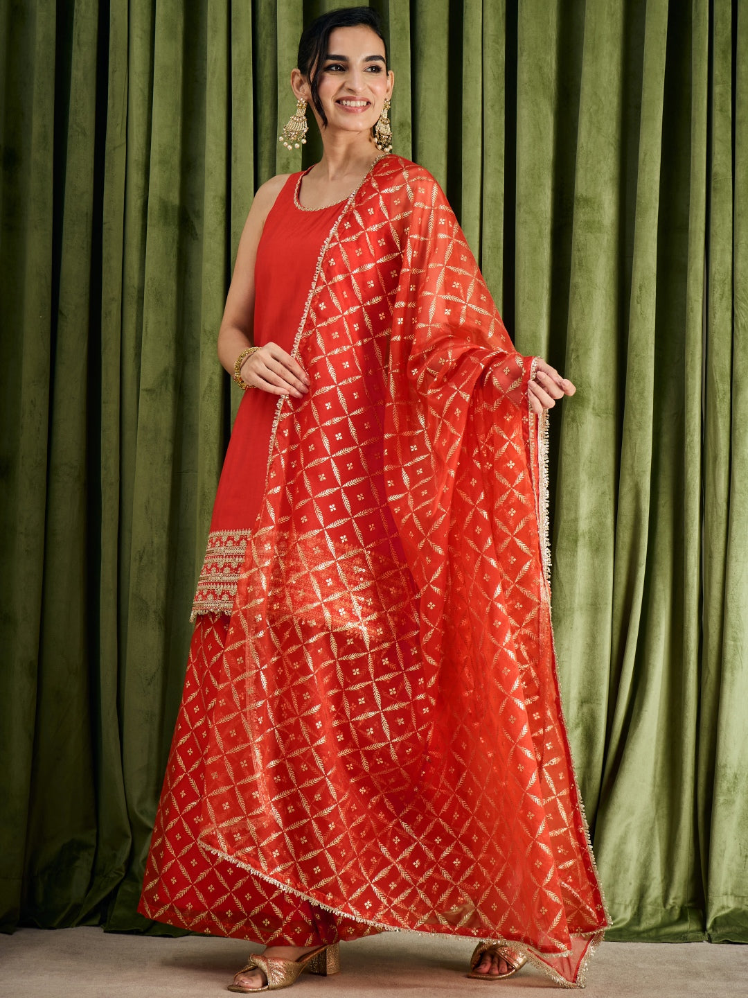 Janasya Women's Orange Chanderi Silk Embroidered Straight Kurta with Palazzo and Dupatta Set
