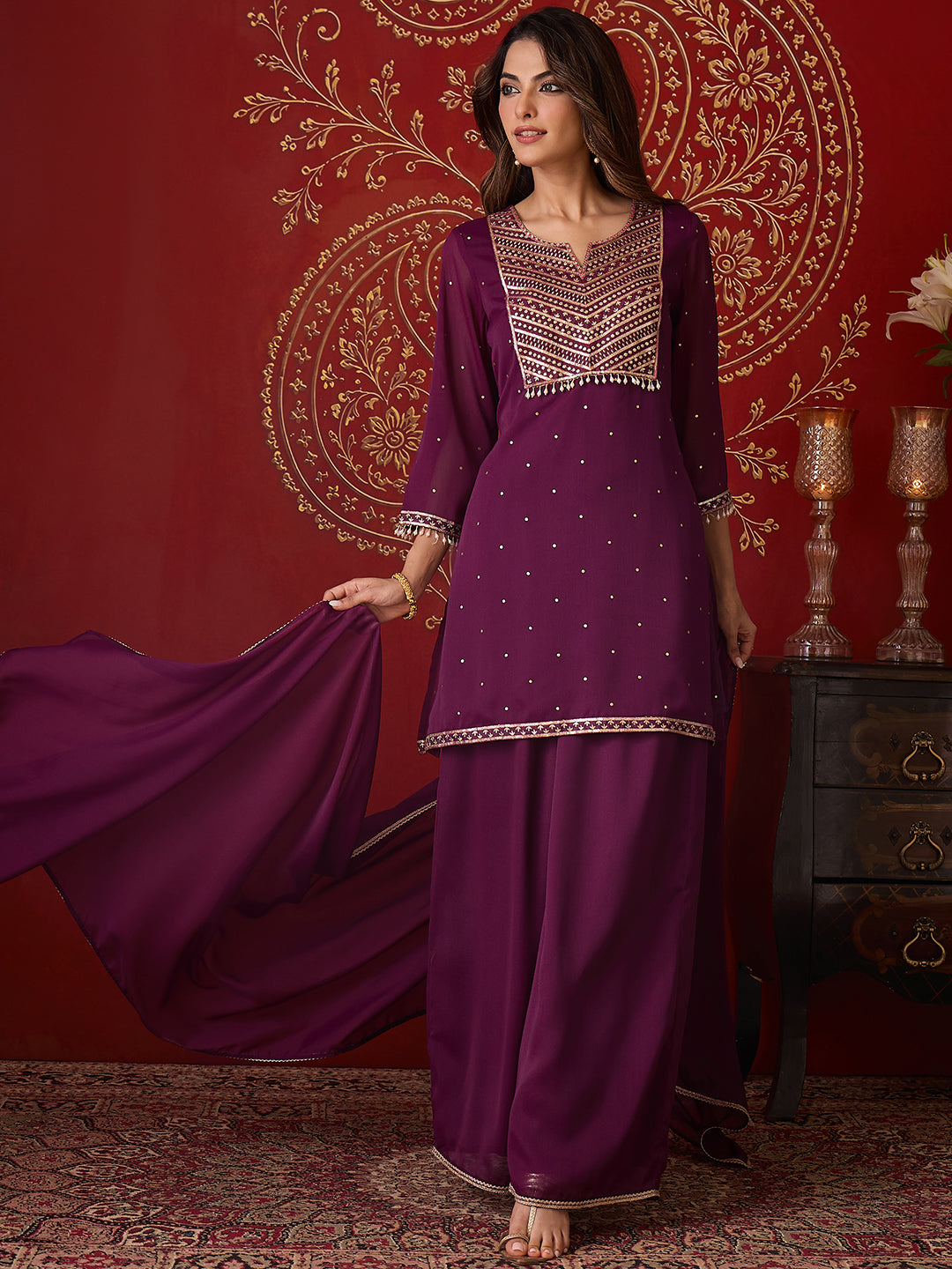 Janasya Women's Wine Georgette Embellished Foil Printed Straight Kurta with Palazzo and Dupatta Set