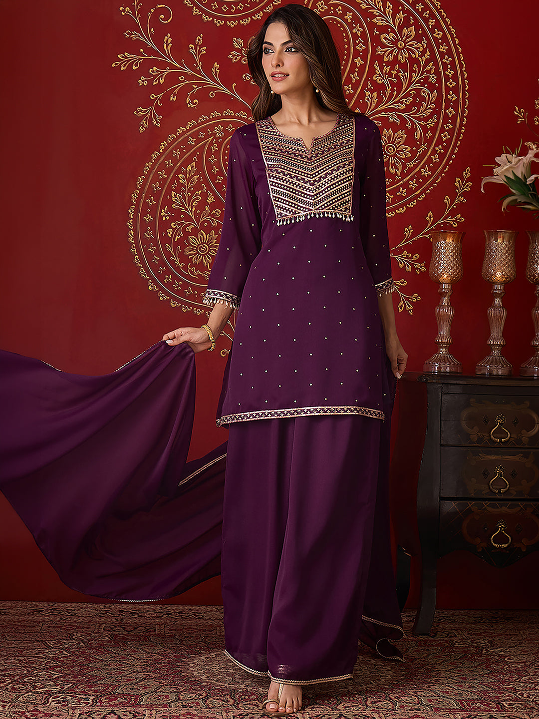 Janasya Women's Wine Georgette Embellished Foil Printed Straight Kurta with Palazzo and Dupatta Set