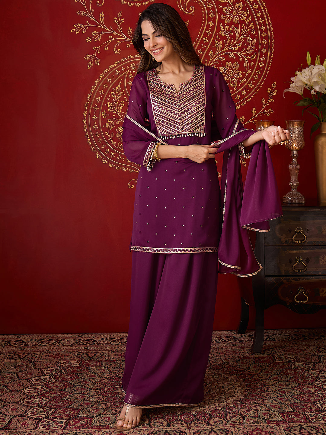 Janasya Women's Wine Georgette Embellished Foil Printed Straight Kurta with Palazzo and Dupatta Set