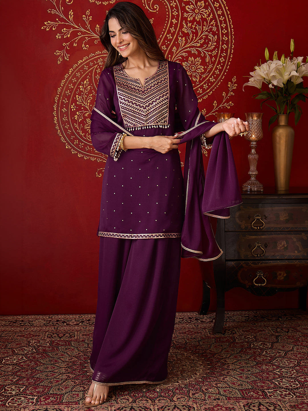 Janasya Women's Wine Georgette Embellished Foil Printed Straight Kurta with Palazzo and Dupatta Set