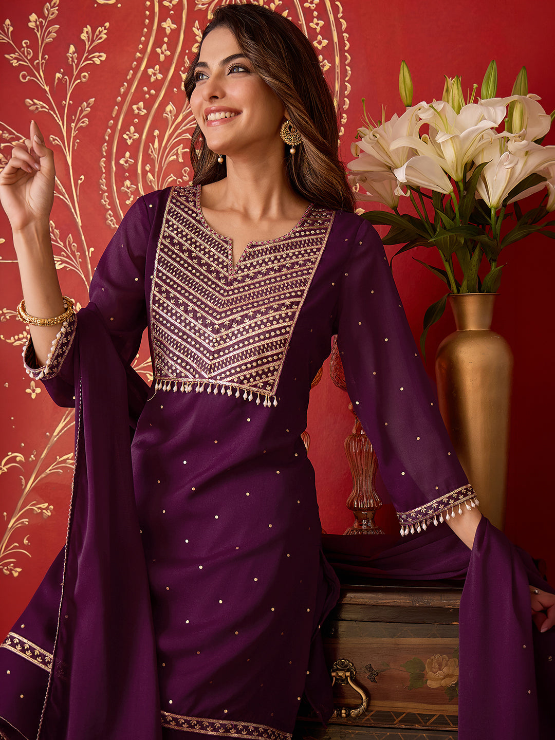Janasya Women's Wine Georgette Embellished Foil Printed Straight Kurta with Palazzo and Dupatta Set