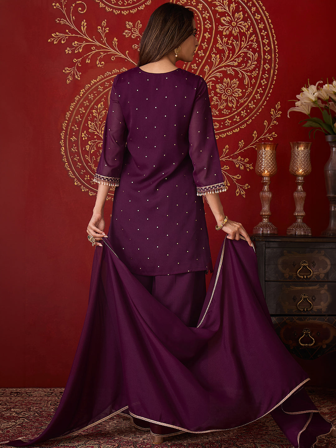 Janasya Women's Wine Georgette Embellished Foil Printed Straight Kurta with Palazzo and Dupatta Set