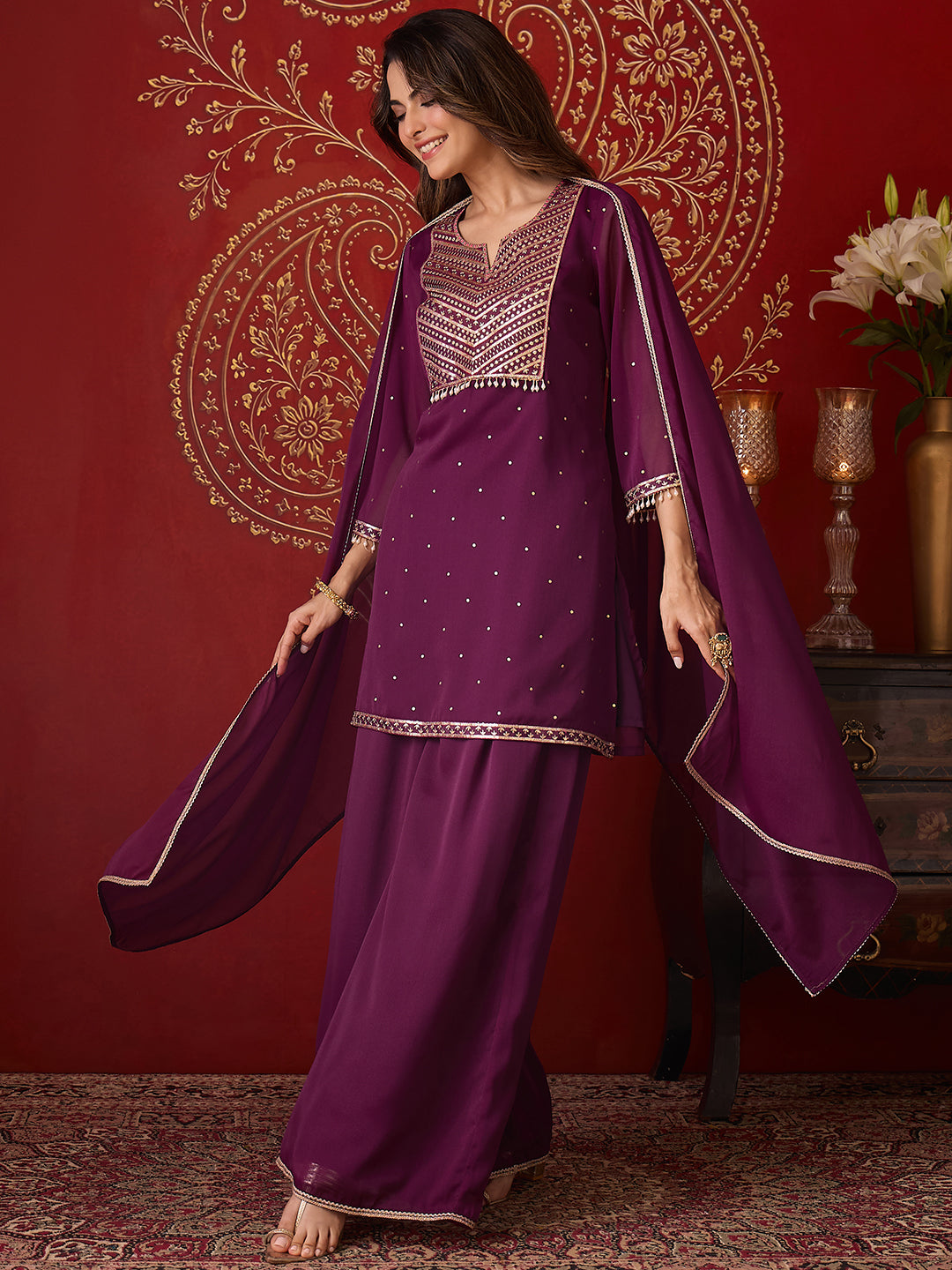 Janasya Women's Wine Georgette Embellished Foil Printed Straight Kurta with Palazzo and Dupatta Set