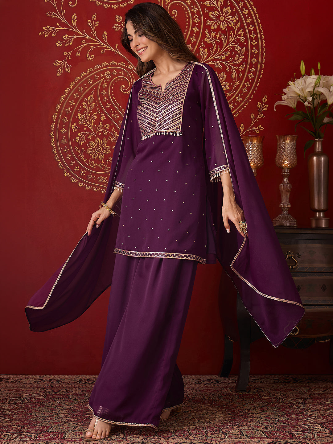 Janasya Women's Wine Georgette Embellished Foil Printed Straight Kurta with Palazzo and Dupatta Set