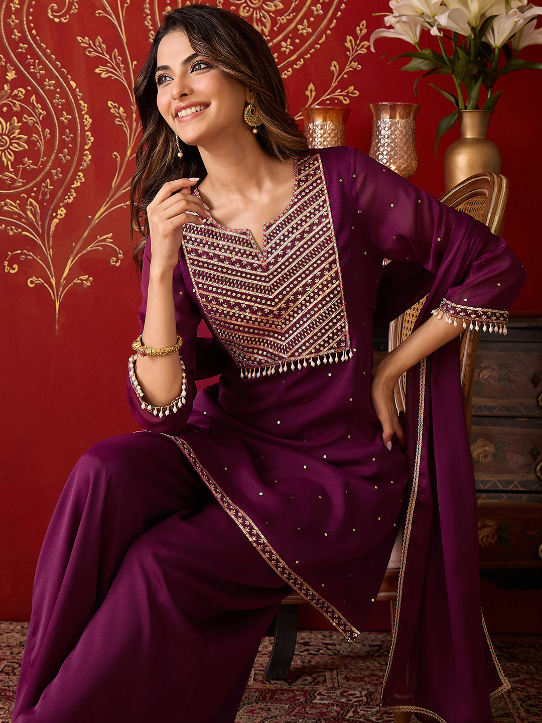 Janasya Women's Wine Georgette Embellished Foil Printed Straight Kurta with Palazzo and Dupatta Set