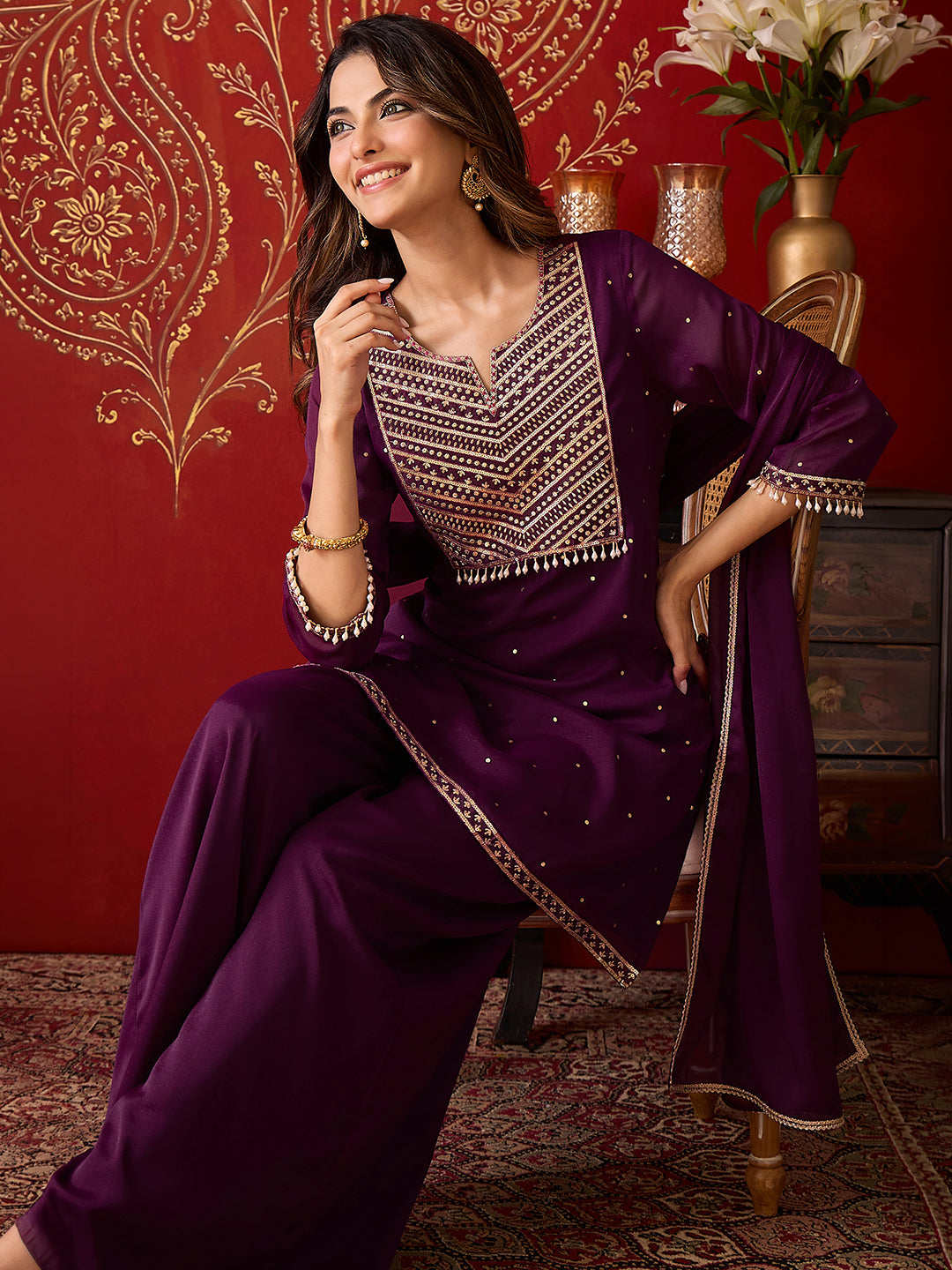 Janasya Women's Wine Georgette Embellished Foil Printed Straight Kurta with Palazzo and Dupatta Set