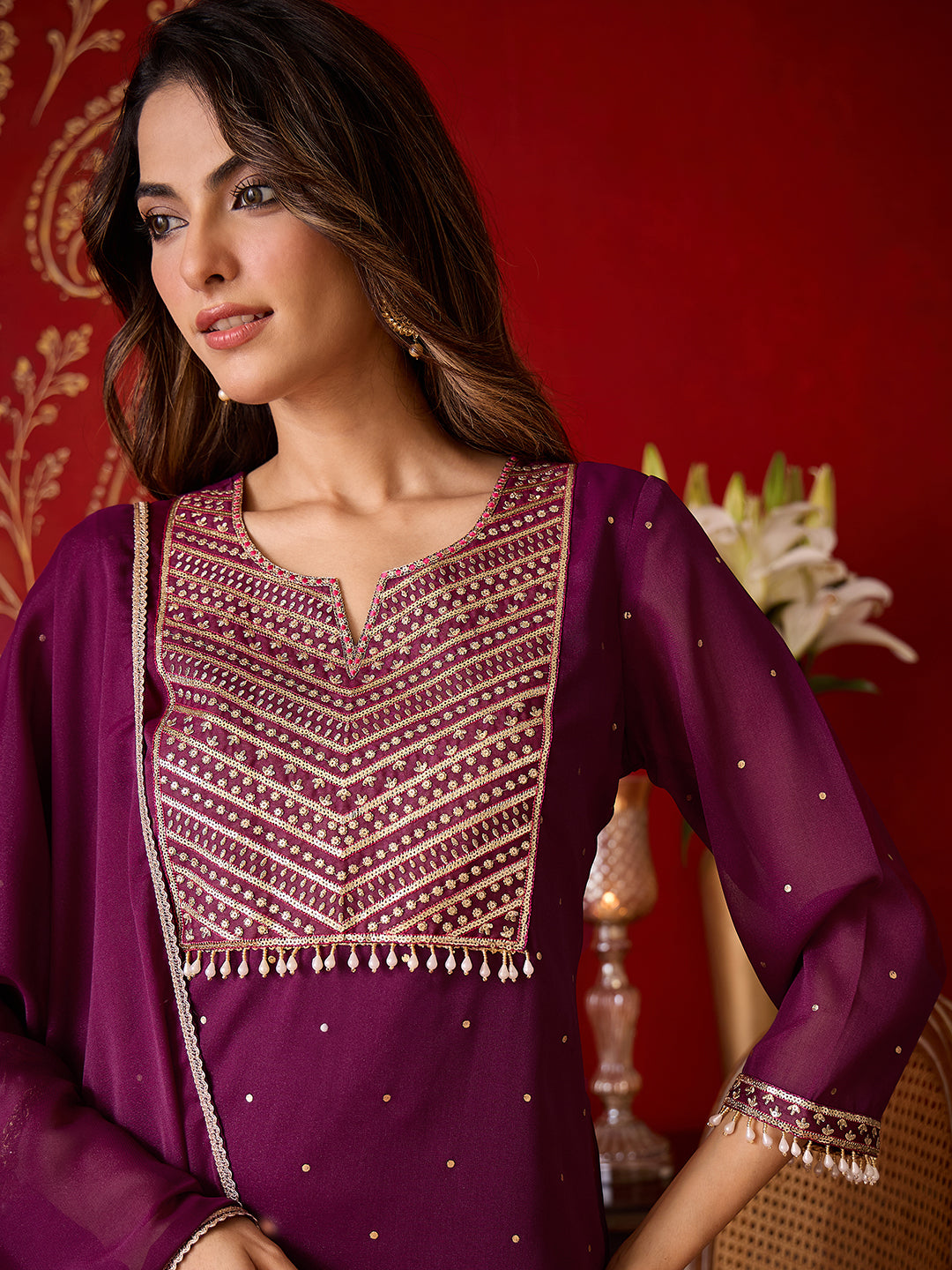Janasya Women's Wine Georgette Embellished Foil Printed Straight Kurta with Palazzo and Dupatta Set