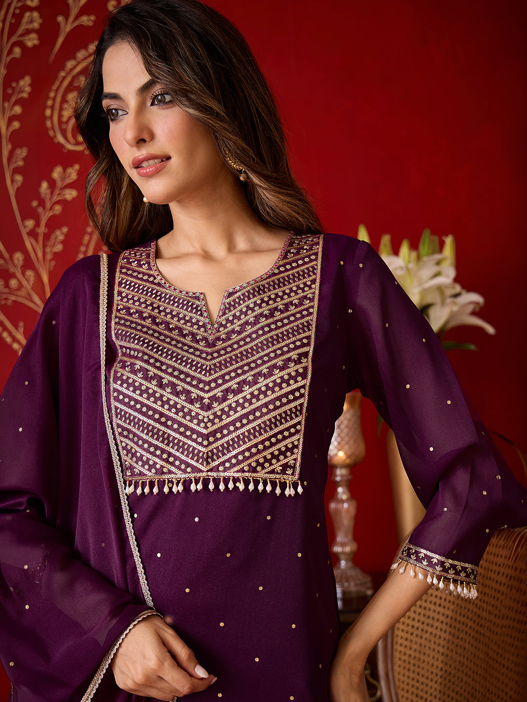 Janasya Women's Wine Georgette Embellished Foil Printed Straight Kurta with Palazzo and Dupatta Set
