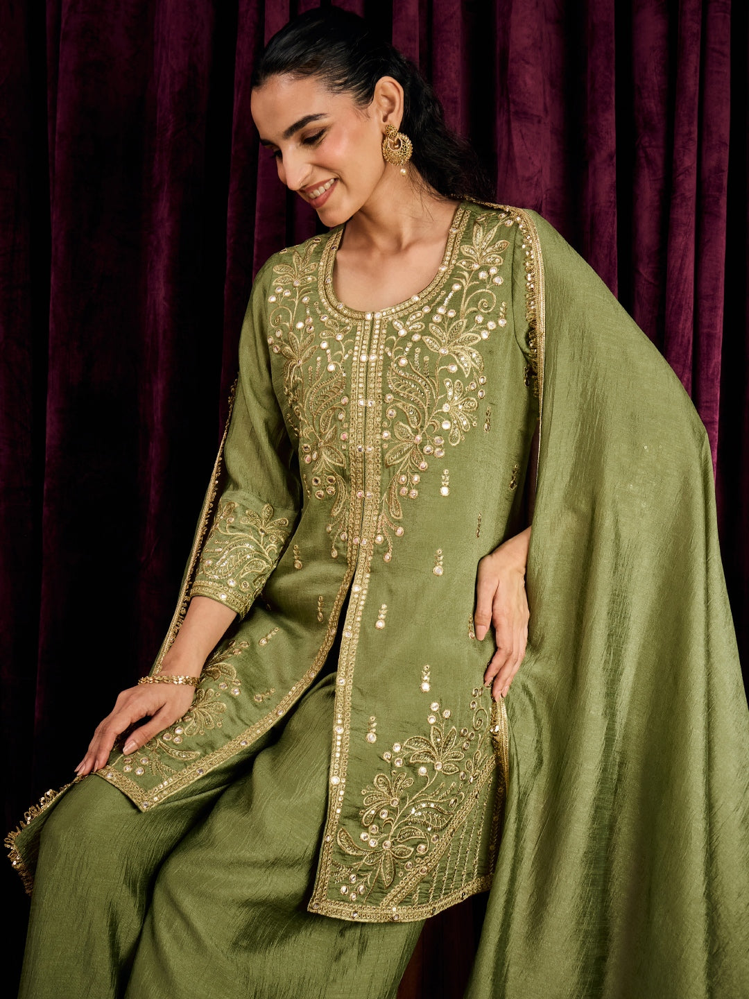 Janasya Women's Olive Green Silk Blend Floral Zari Mirror Work Embroidered Straight Kurta with Palazzo And Dupatta Set