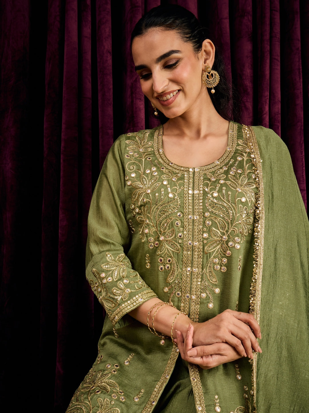 Janasya Women's Olive Green Silk Blend Floral Zari Mirror Work Embroidered Straight Kurta with Palazzo And Dupatta Set
