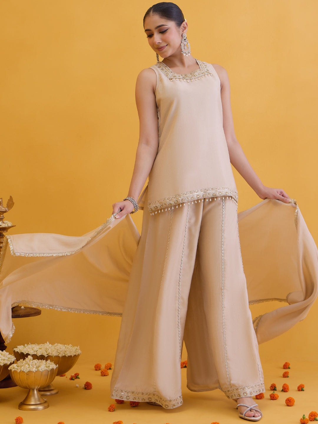 Janasya Women's Beige Silk Blend Floral Embroidered Straight Kurta with Sharara and Dupatta Set