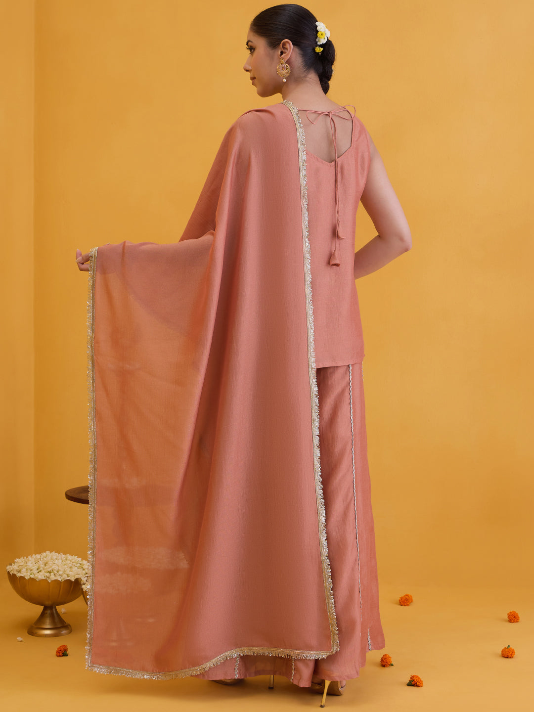 Janasya Women's Peach Silk Blend Floral Embroidered Straight Kurta with Sharara And Dupatta Set