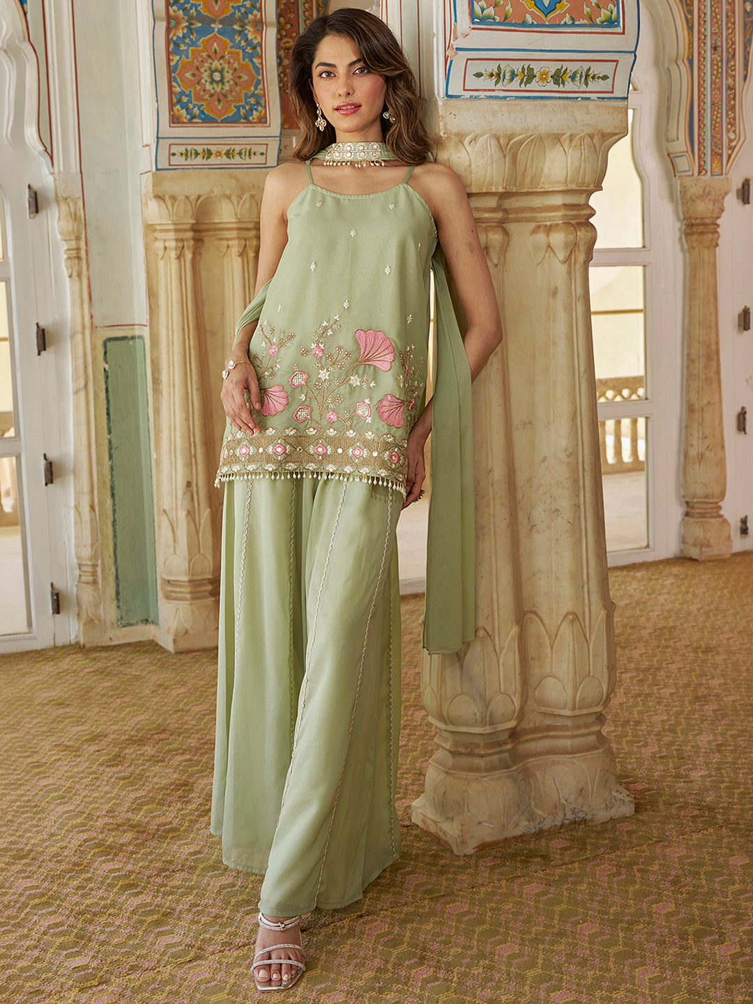 Janasya Women's Mint Green Georgette Floral Embroidered Straight Kurta with Sharara and Choker Dupatta Set