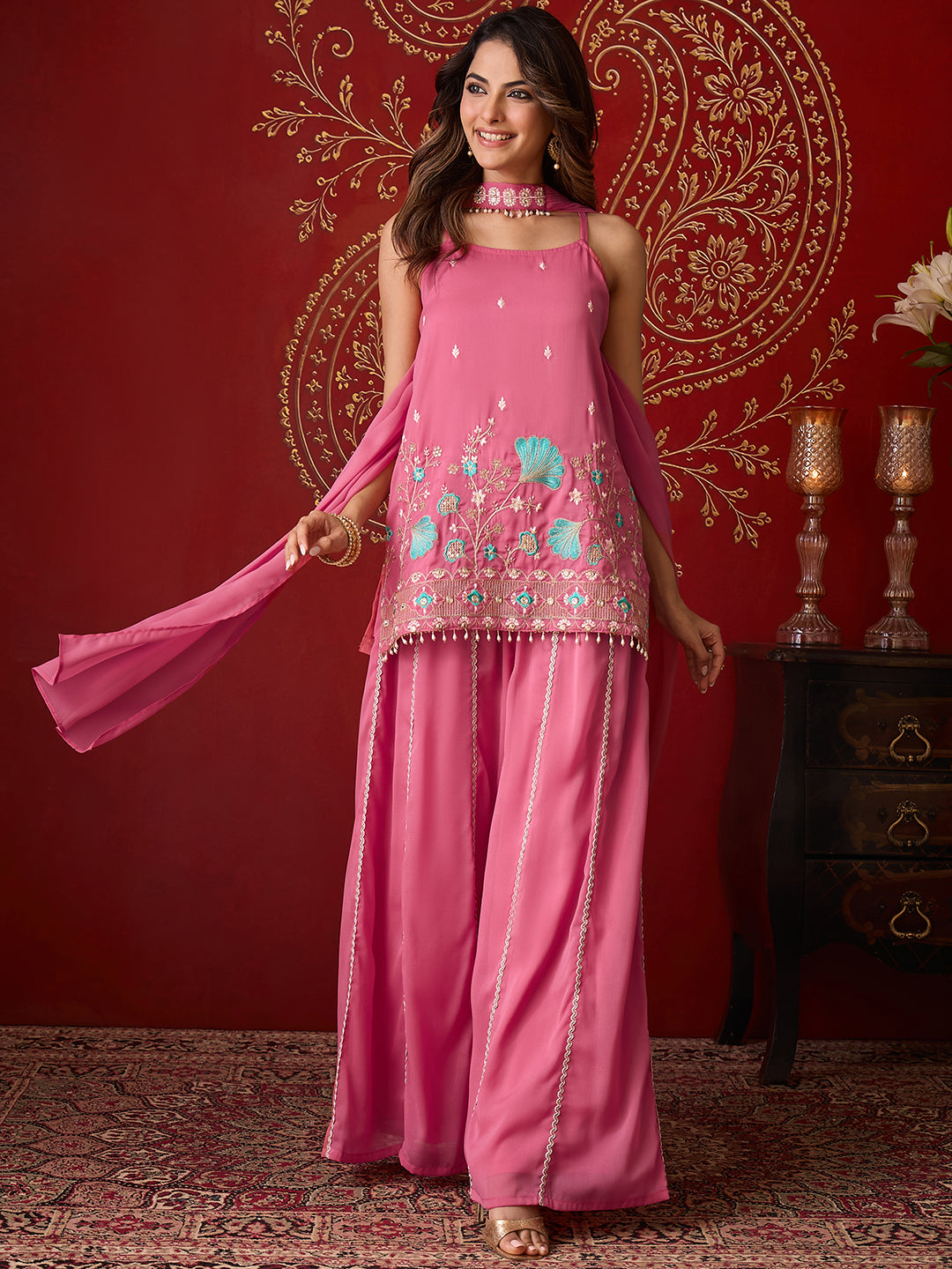 Janasya Women's Pink Georgette Floral Beads Zari Embroidered Straight Kurta with Sharara and Choker Dupatta Set