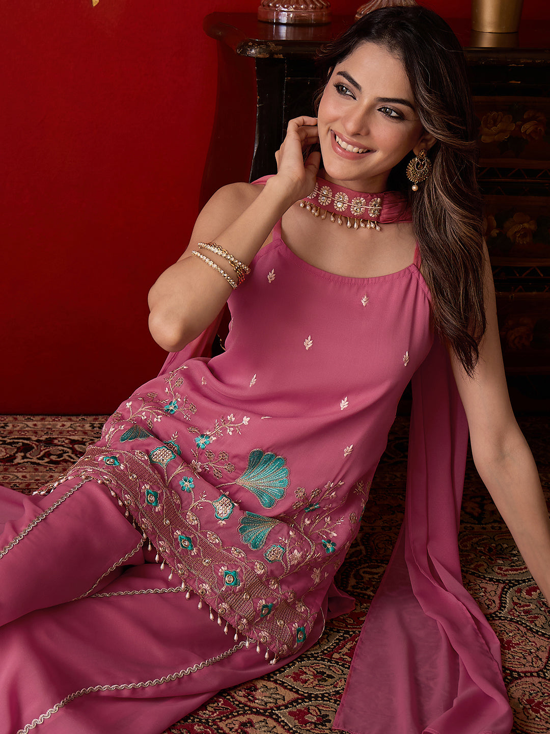 Janasya Women's Pink Georgette Floral Beads Zari Embroidered Straight Kurta with Sharara and Choker Dupatta Set