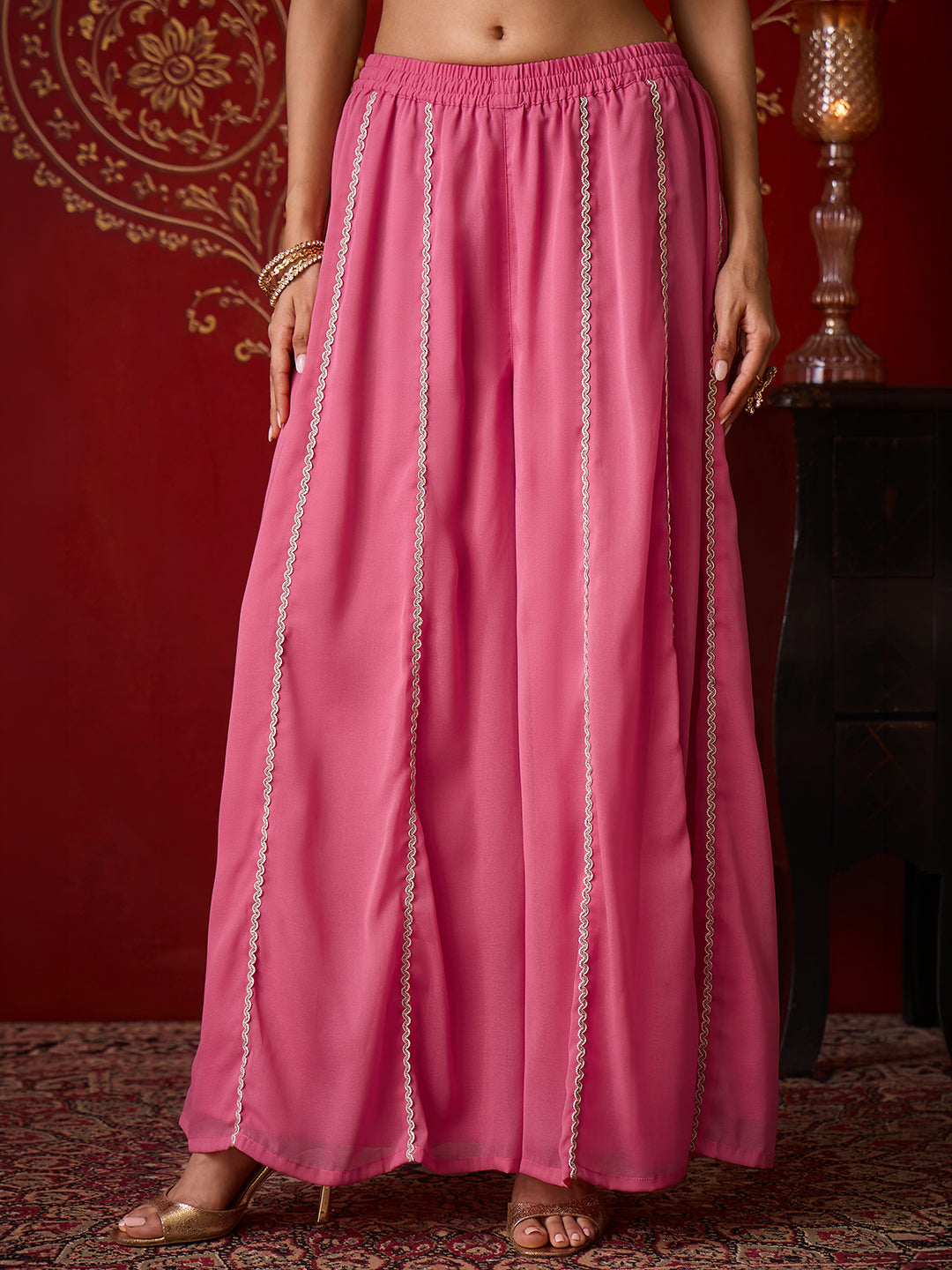 Janasya Women's Pink Georgette Floral Beads Zari Embroidered Straight Kurta with Sharara and Choker Dupatta Set