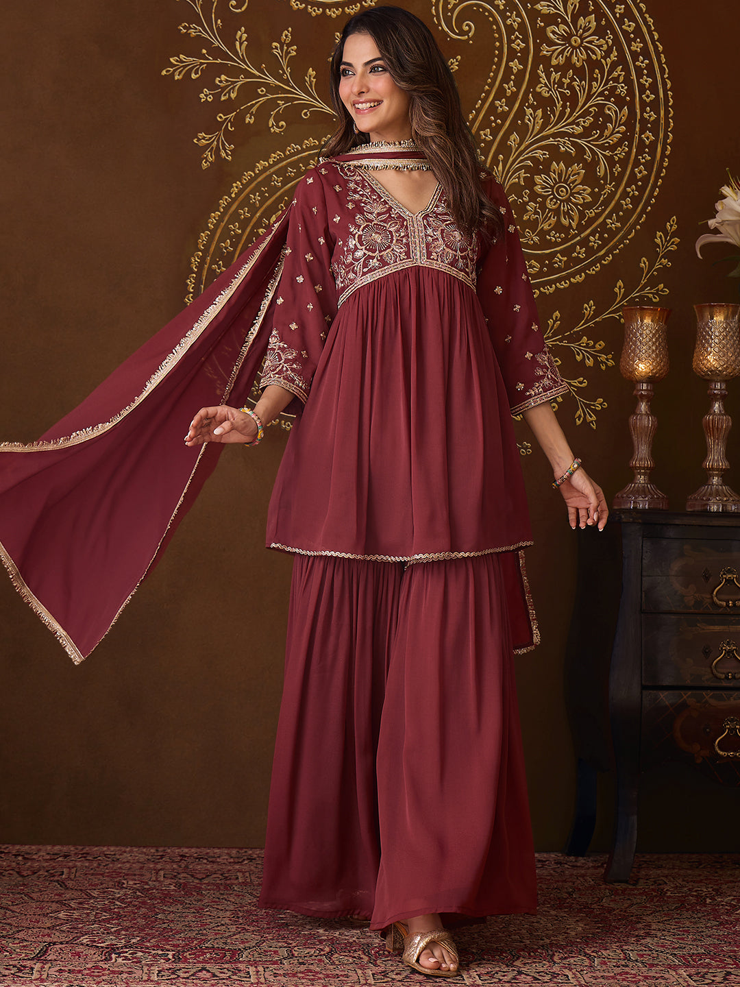 Janasya Women's Brown Georgette Floral Yoke Embroidered A-Line Kurta with Sharara and Dupatta Set