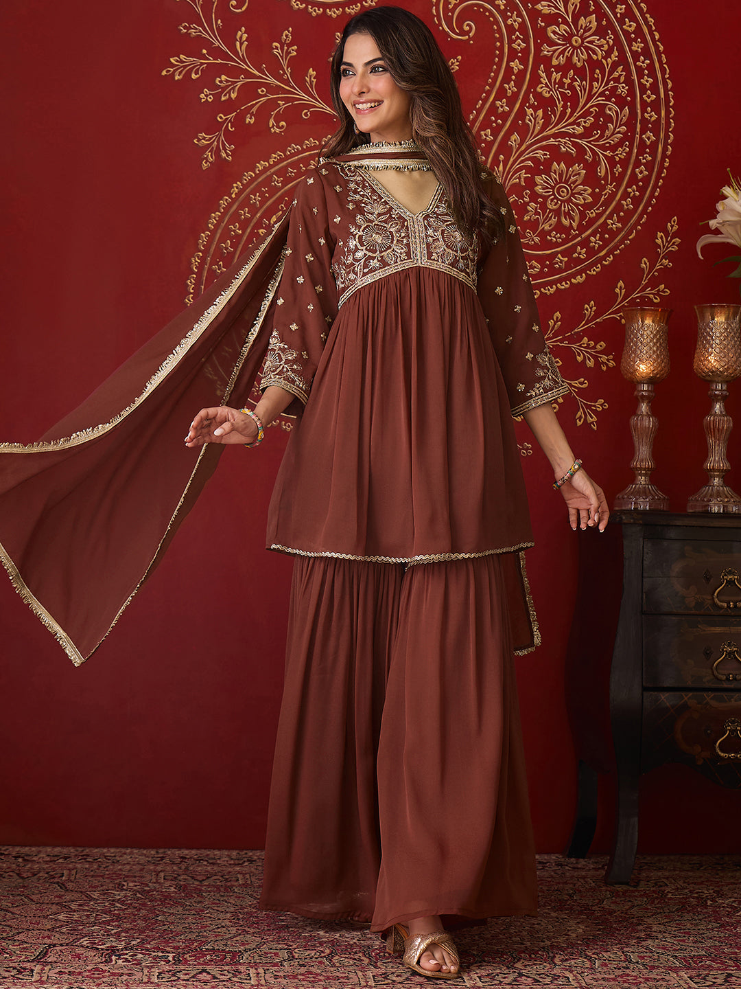 Janasya Women's Brown Georgette Floral Yoke Embroidered A-Line Kurta with Sharara and Dupatta Set