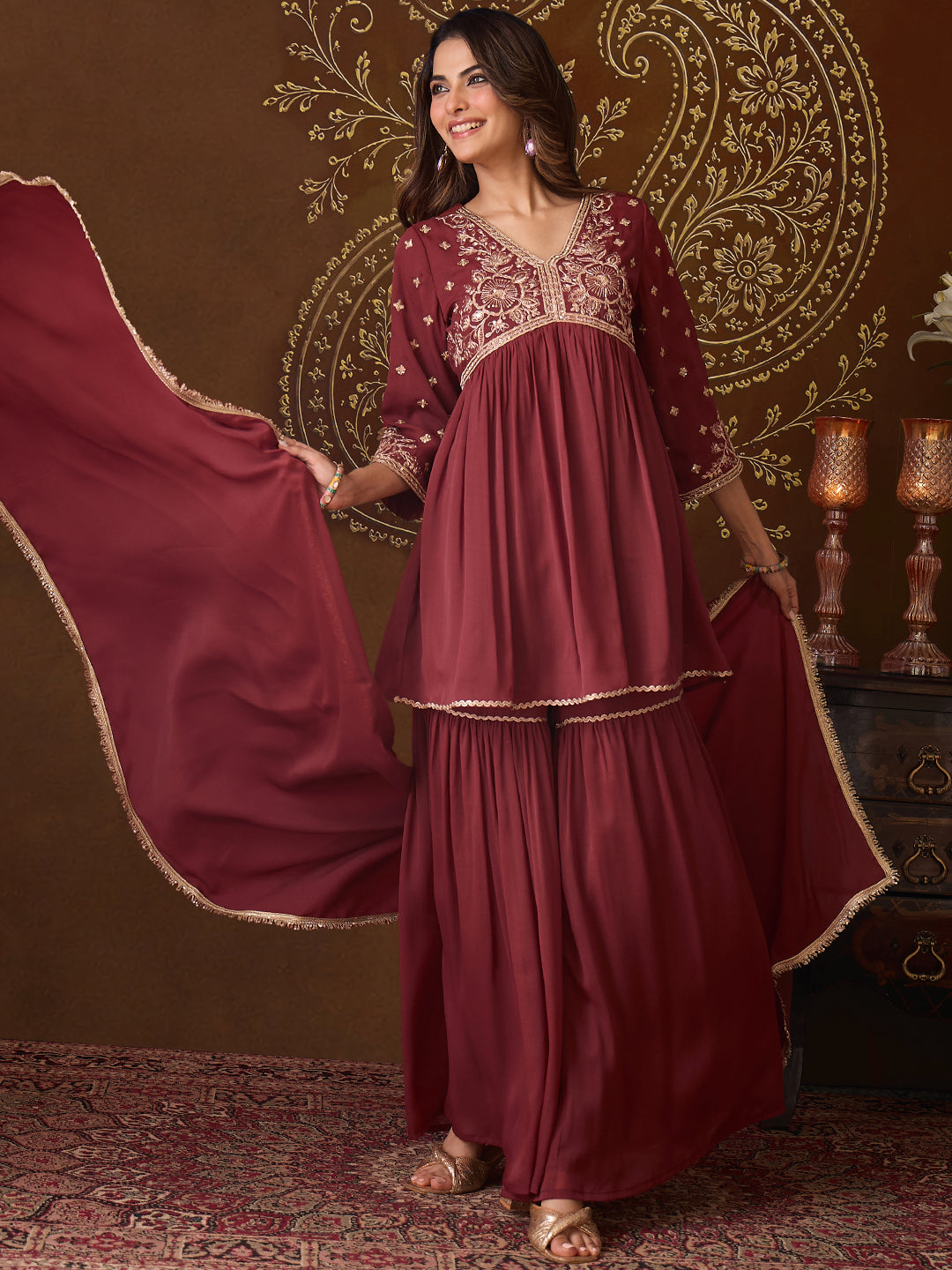 Janasya Women's Brown Georgette Floral Yoke Embroidered A-Line Kurta with Sharara and Dupatta Set