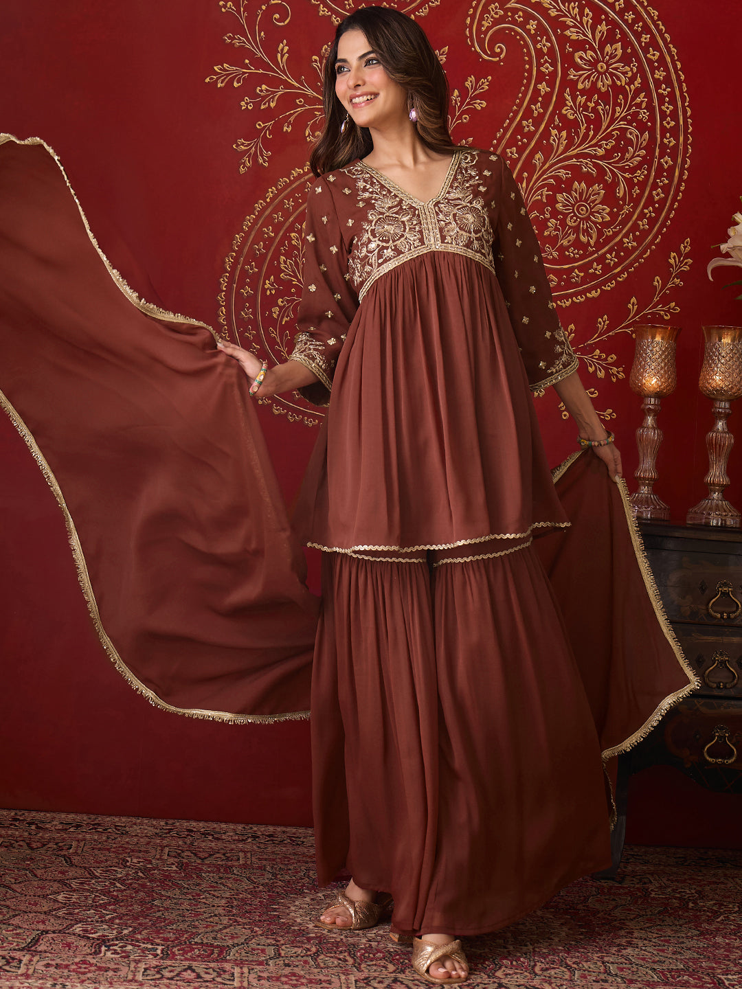 Janasya Women's Brown Georgette Floral Yoke Embroidered A-Line Kurta with Sharara and Dupatta Set
