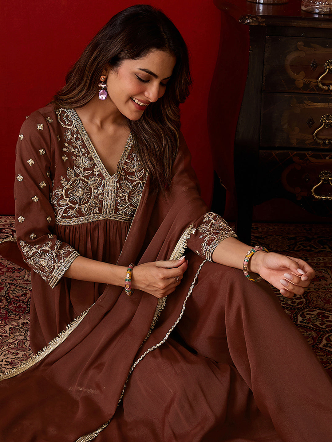 Janasya Women's Brown Georgette Floral Yoke Embroidered A-Line Kurta with Sharara and Dupatta Set