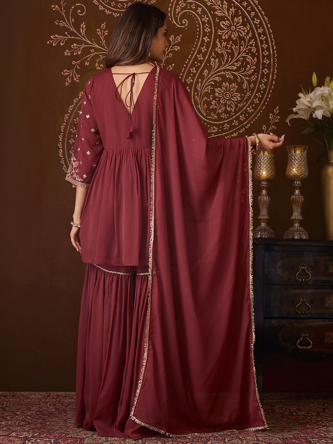 Janasya Women's Brown Georgette Floral Yoke Embroidered A-Line Kurta with Sharara and Dupatta Set