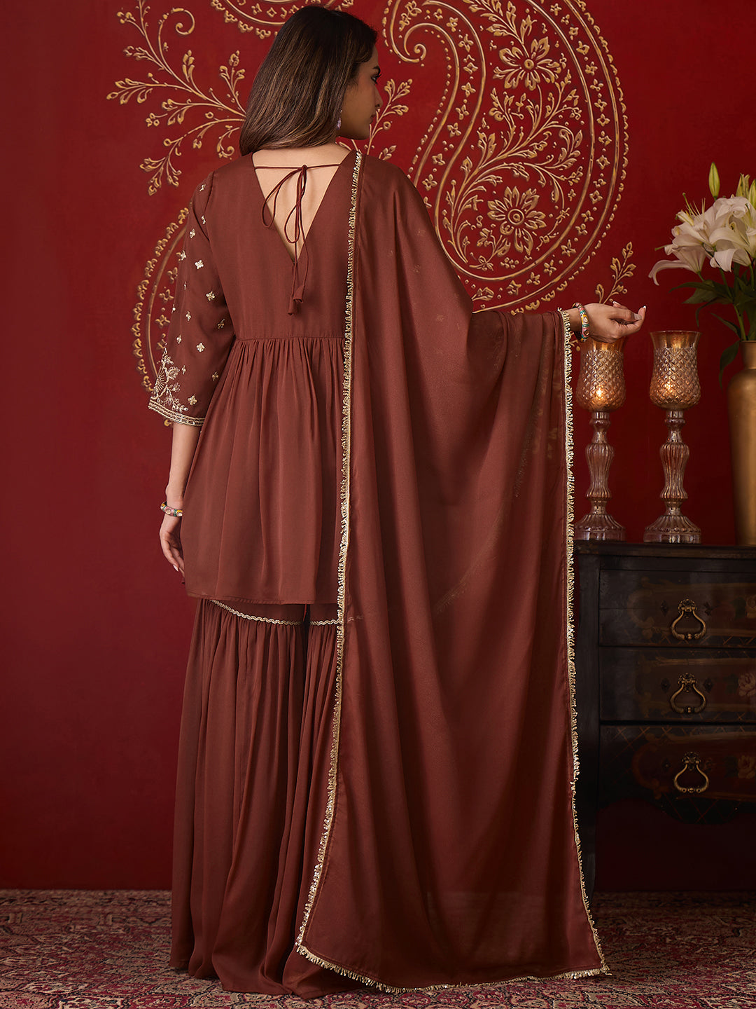 Janasya Women's Brown Georgette Floral Yoke Embroidered A-Line Kurta with Sharara and Dupatta Set