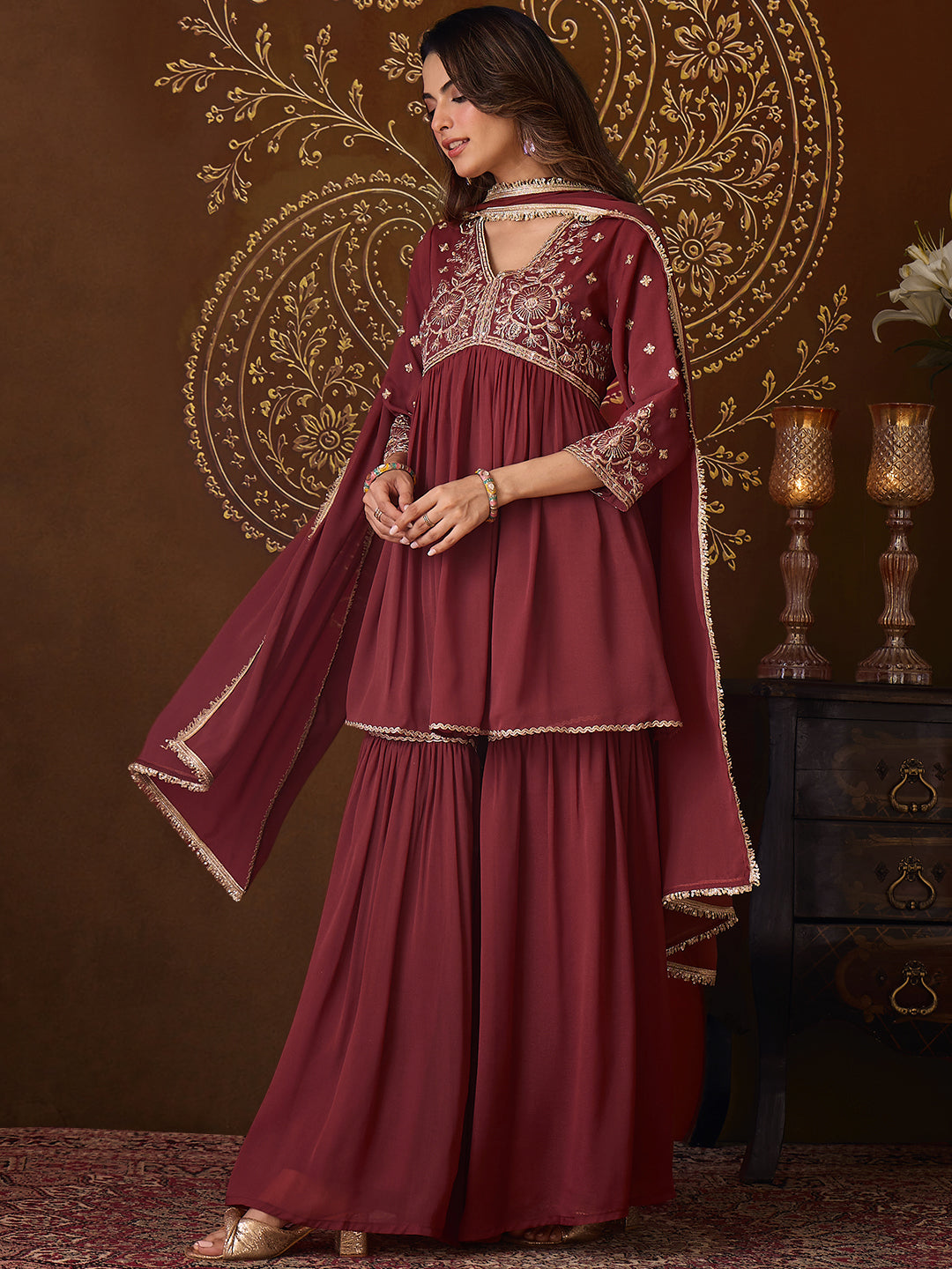 Janasya Women's Brown Georgette Floral Yoke Embroidered A-Line Kurta with Sharara and Dupatta Set