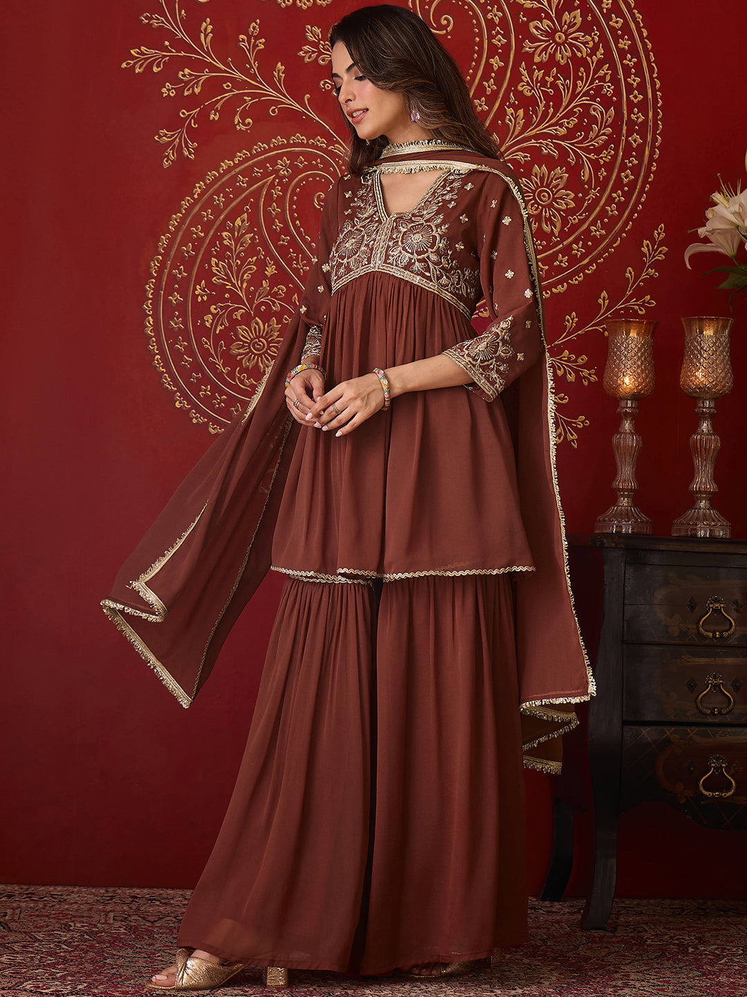 Janasya Women's Brown Georgette Floral Yoke Embroidered A-Line Kurta with Sharara and Dupatta Set